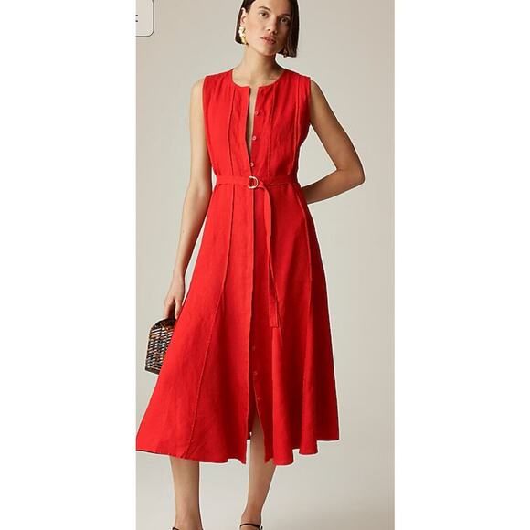 J. Crew Belted  Pleated Seemed Sleeveless Linen Midi Dress Sz XS # - Picture 1 of 4
